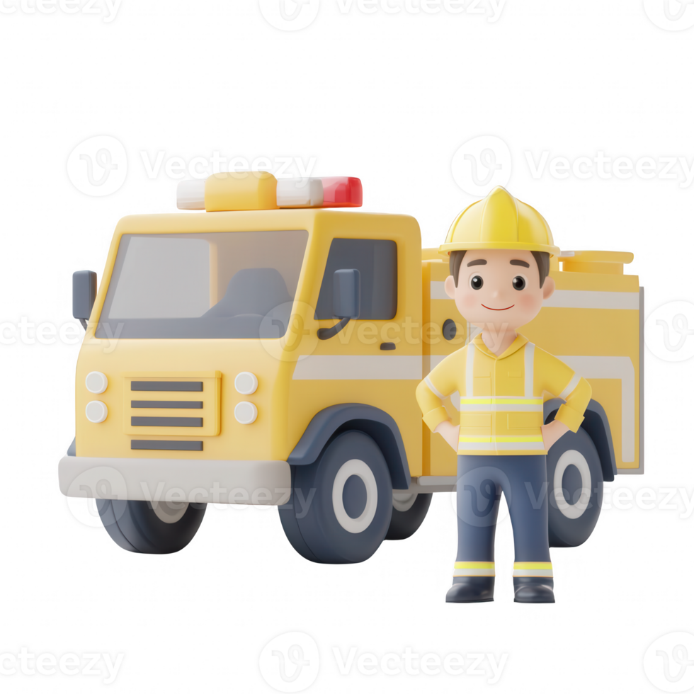 A cheerful firefighter stands next to a cartoon-style fire truck. png