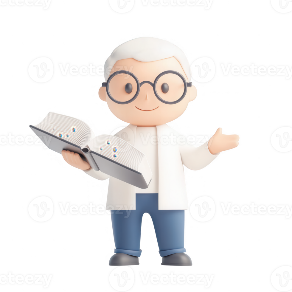 A cartoon scientist character holding a book and smiling confidently. png