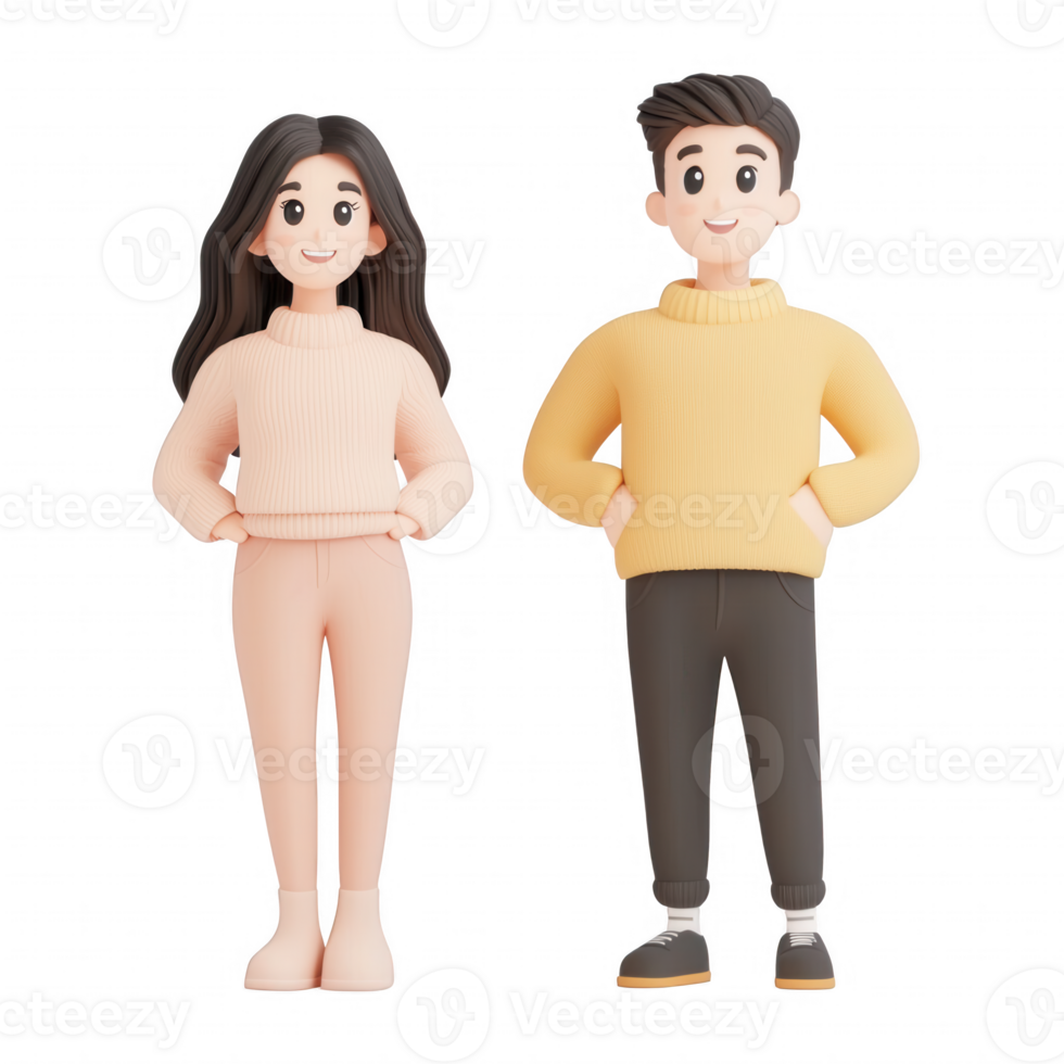 Two cartoon characters standing side by side in colorful, modern clothing. png