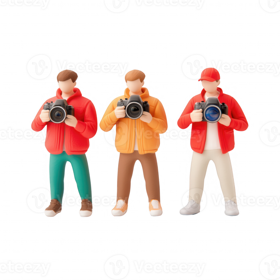 Three photographers capturing moments with their cameras in vibrant jackets. png