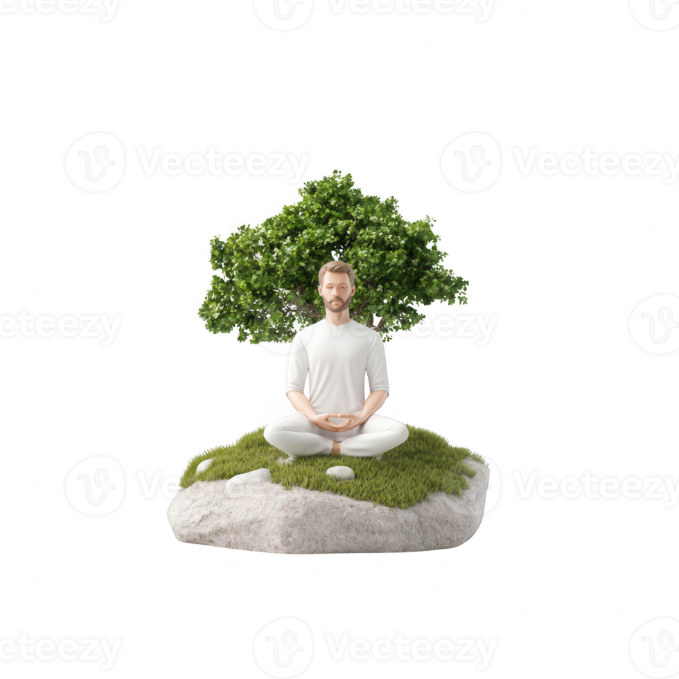 A serene person meditating surrounded by lush greenery and peaceful nature. png