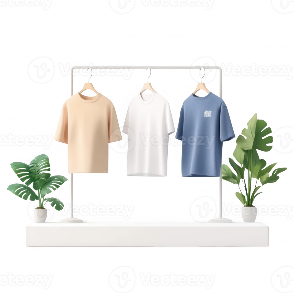 Stylish t-shirts hanging on a rack with lush green plants for a fresh look. png