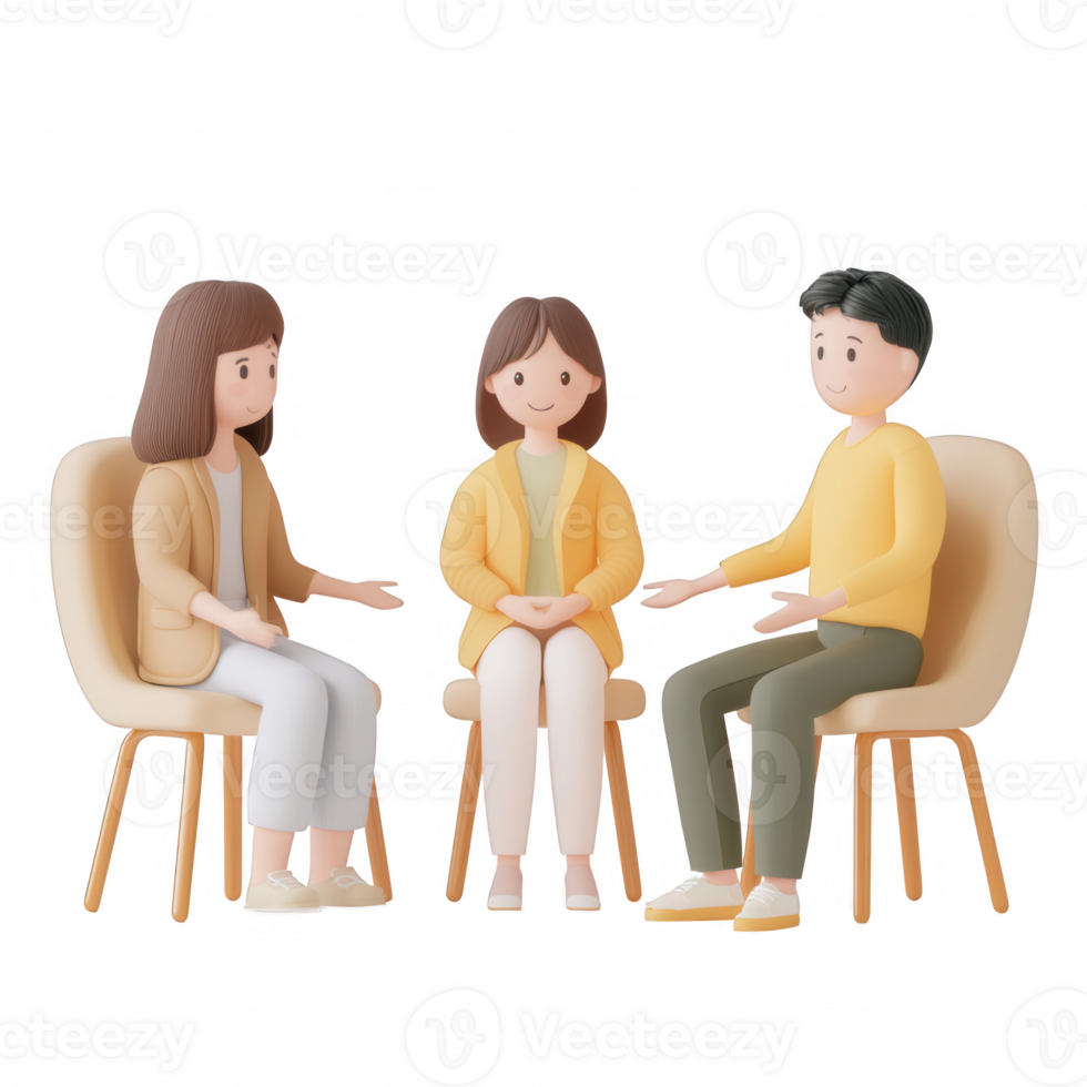 Three stylized characters engaging in a group discussion, conveying teamwork and unity. png