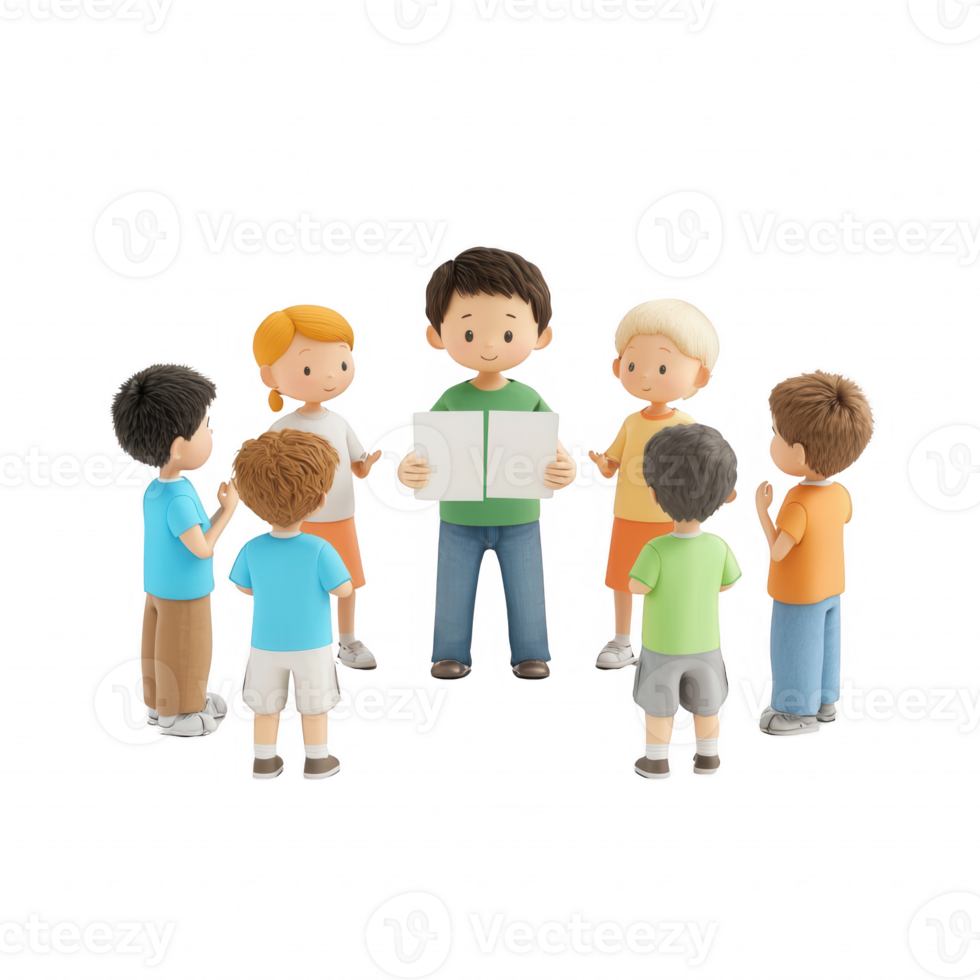 A child presenting a project to a group of attentive classmates in a classroom setting. png