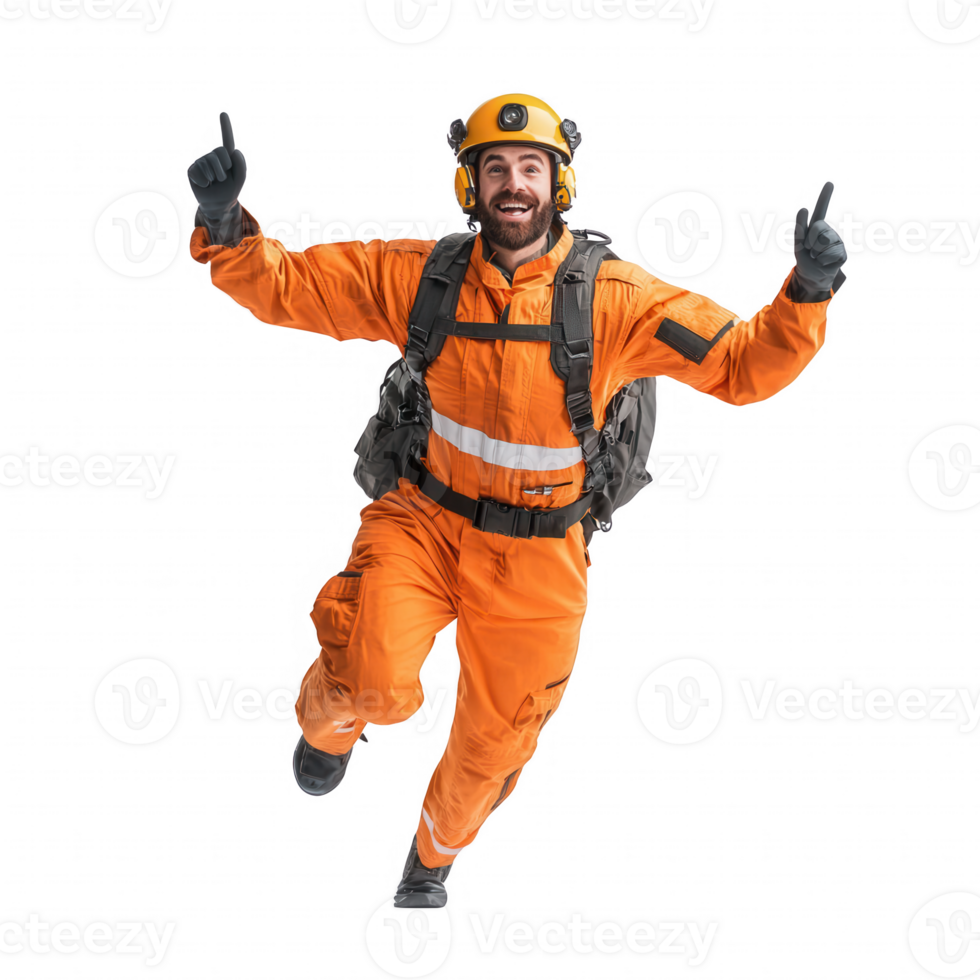Happy worker in safety gear celebrating a successful task in an industrial setting. png