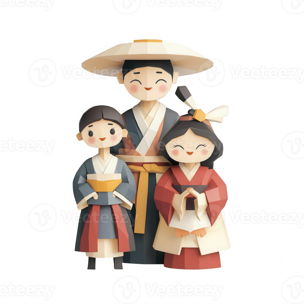 A colorful paper art family in traditional attire, showcasing cultural heritage. png