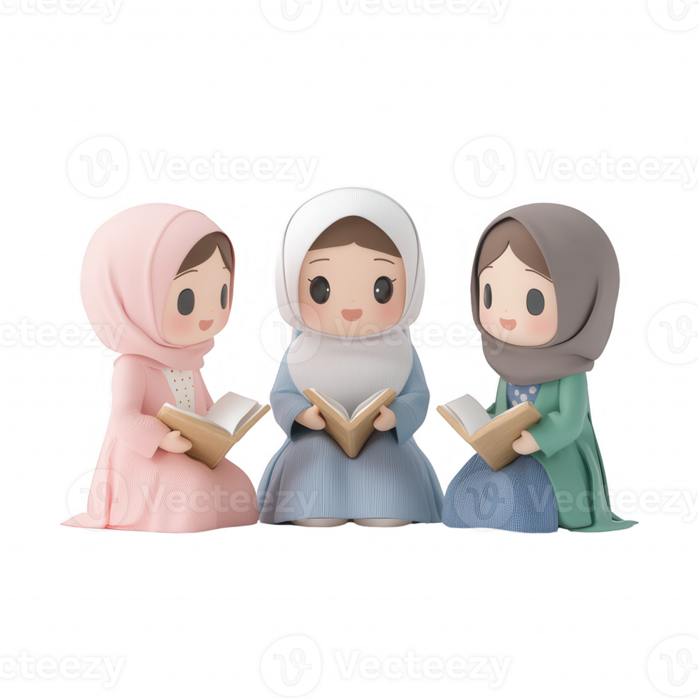 Three diverse girls reading together with joy and engagement in a tranquil setting. png