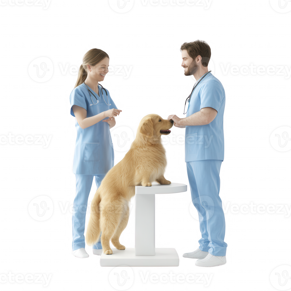 Veterinarians caring for a golden retriever dog in a medical examination. png