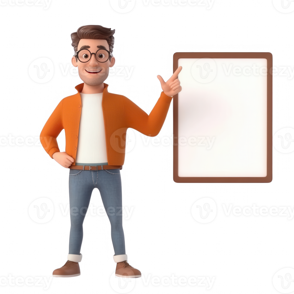 A young man in an orange jacket, smiling and pointing at a blank white board. png