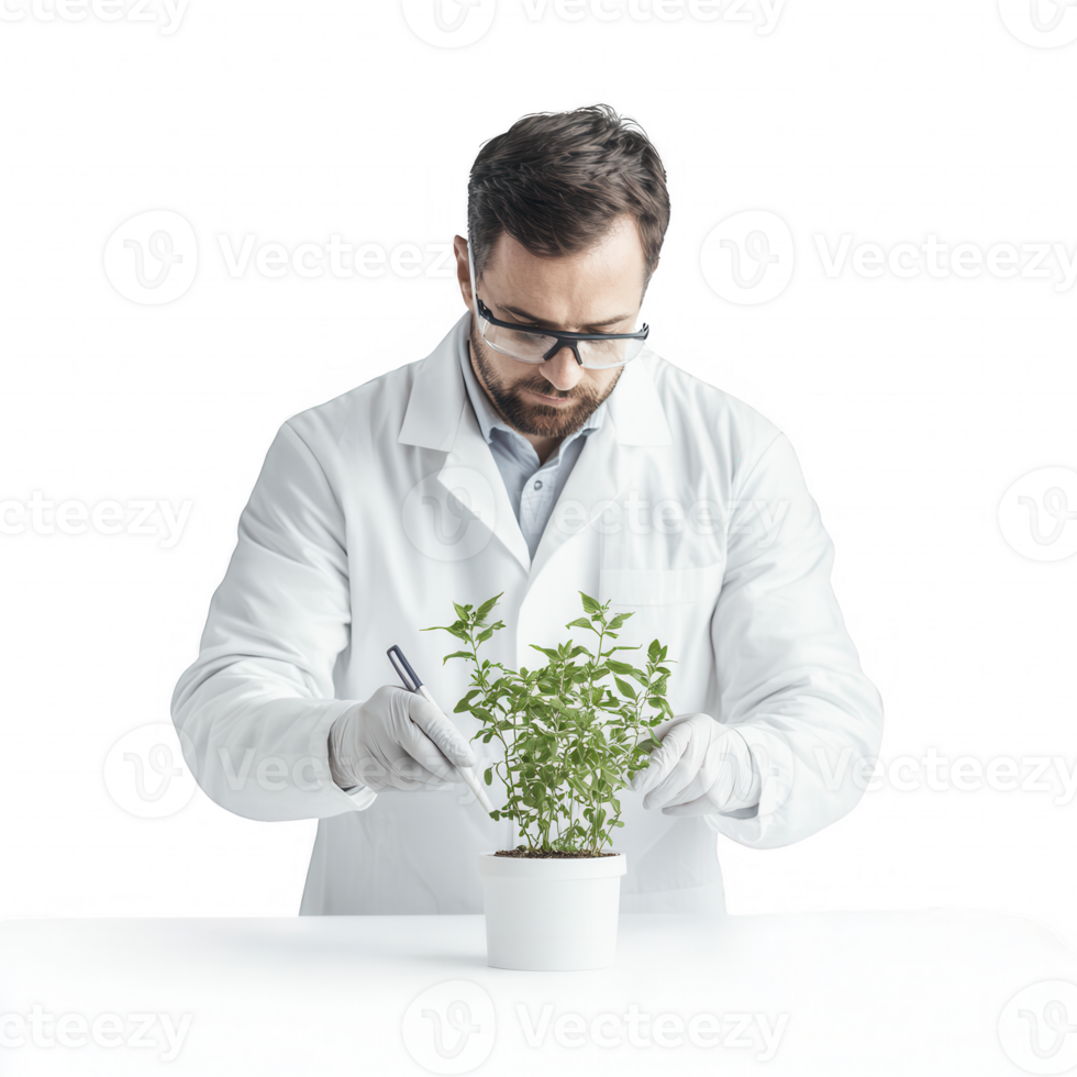Scientist analyzing a small plant in a laboratory setting with precision tools. png