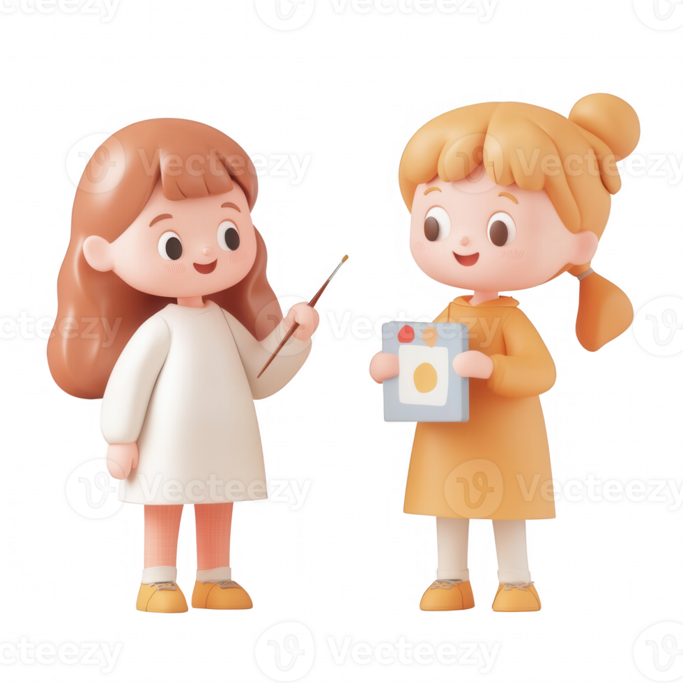 Two animated children engaging in artistic creativity with joyful expressions. png