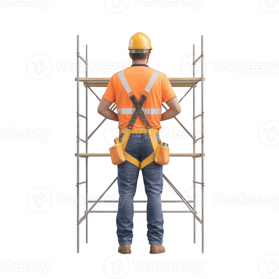 Construction worker managing scaffolding at a building site, ensuring safety and efficiency. png