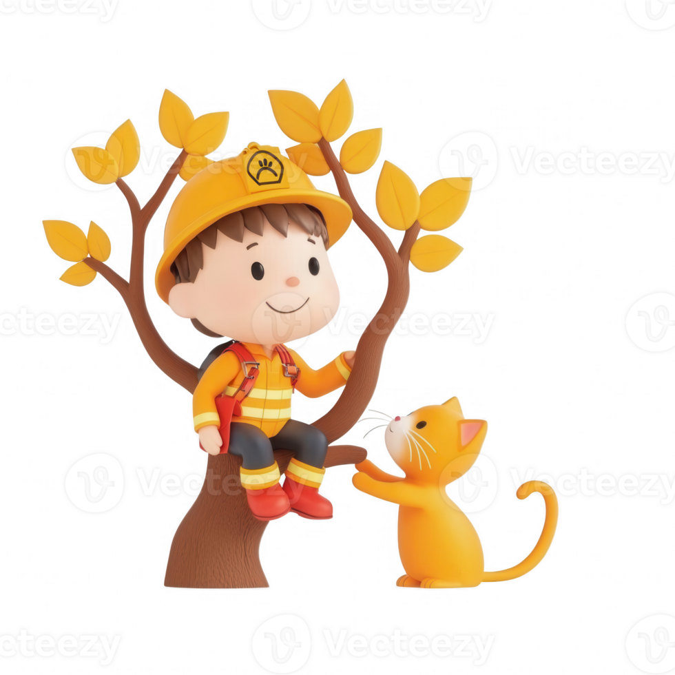 A joyful child and a cat enjoying a sunny day in a tree with colorful leaves. png