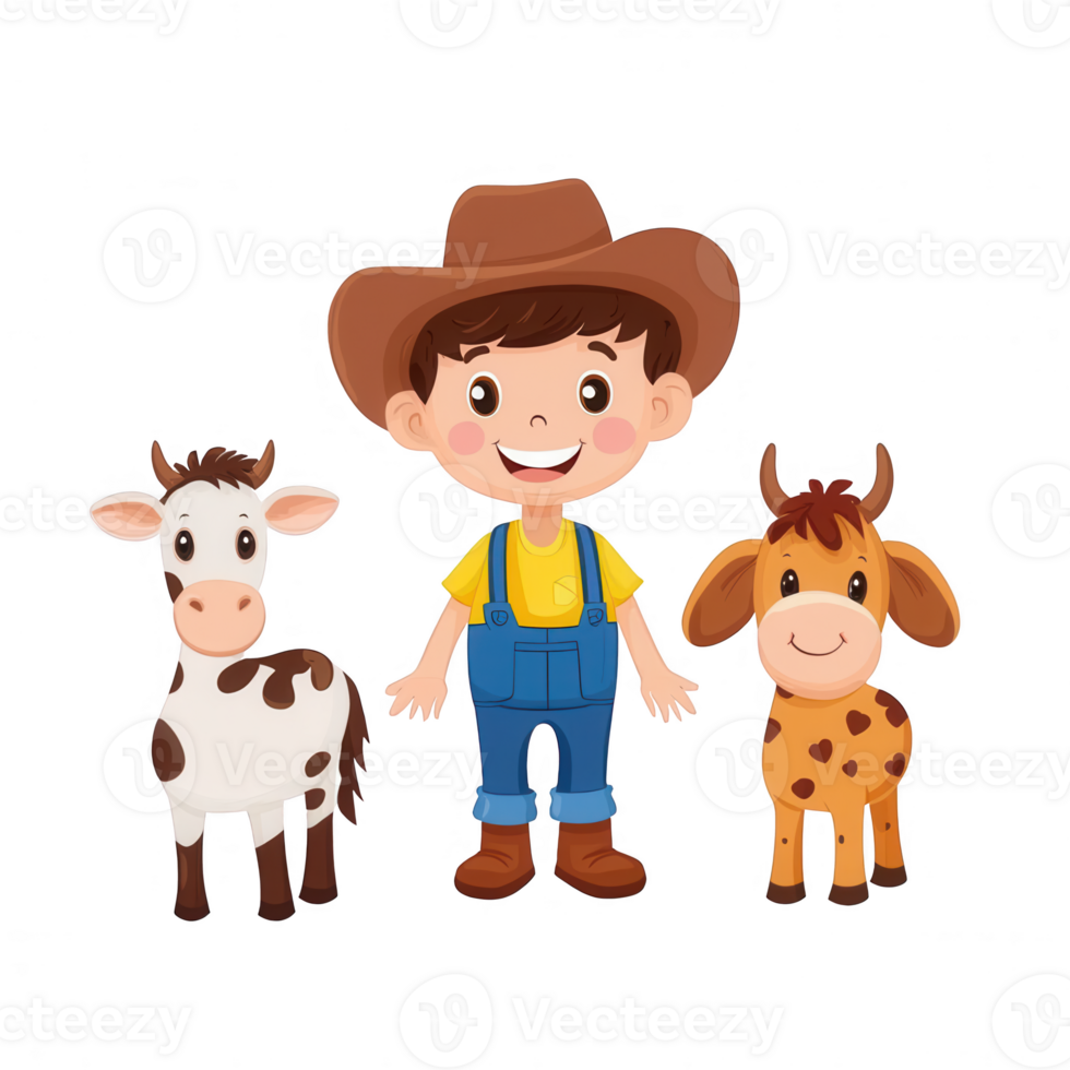 A cheerful boy in a hat with two cute cartoon calves on a farm. png