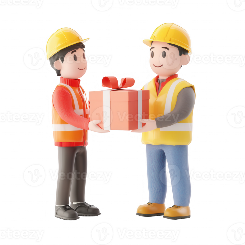 Two cartoon construction workers exchanging a gift box with smiles and safety helmets. png
