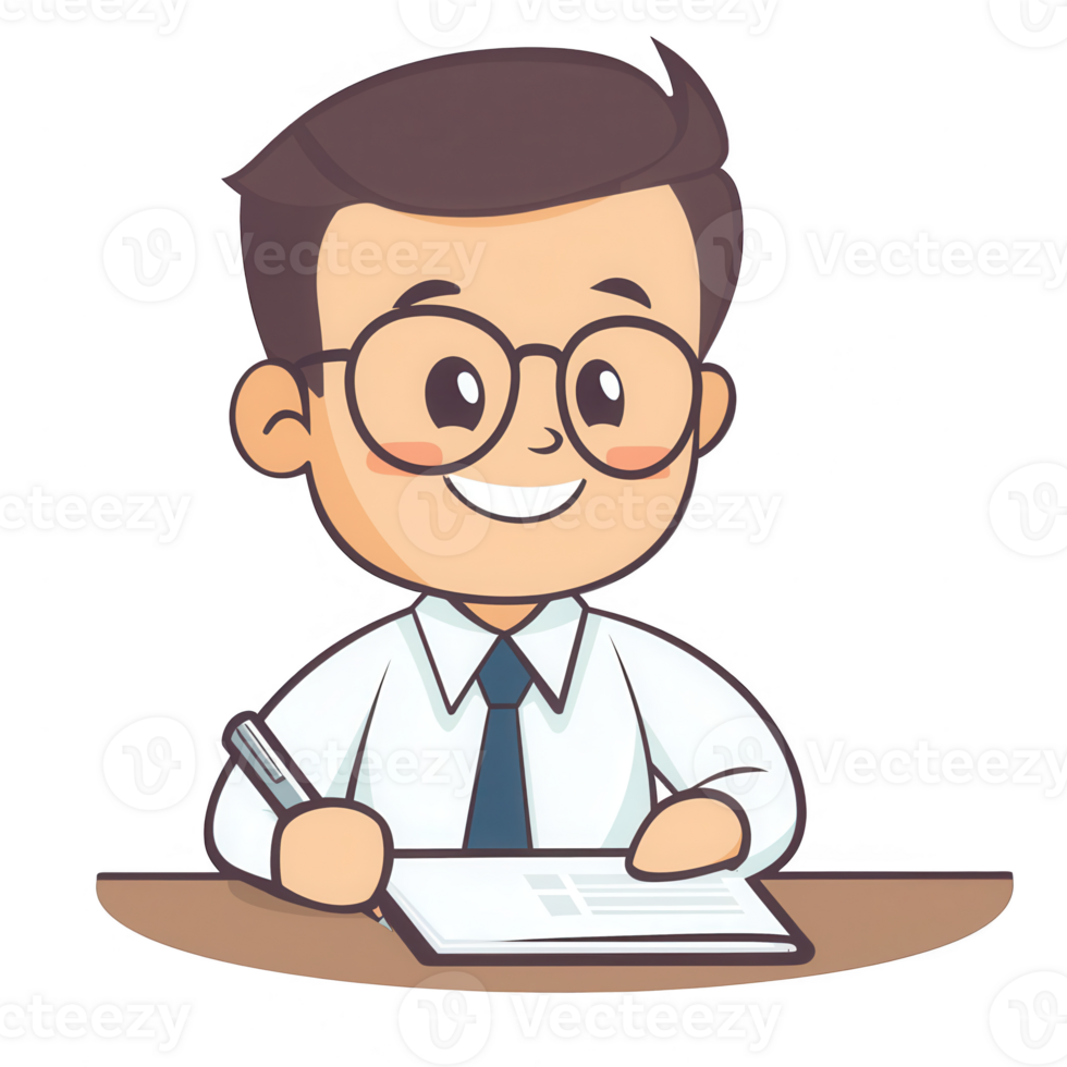 A cheerful young man in glasses writing notes at his desk, showcasing productivity. png