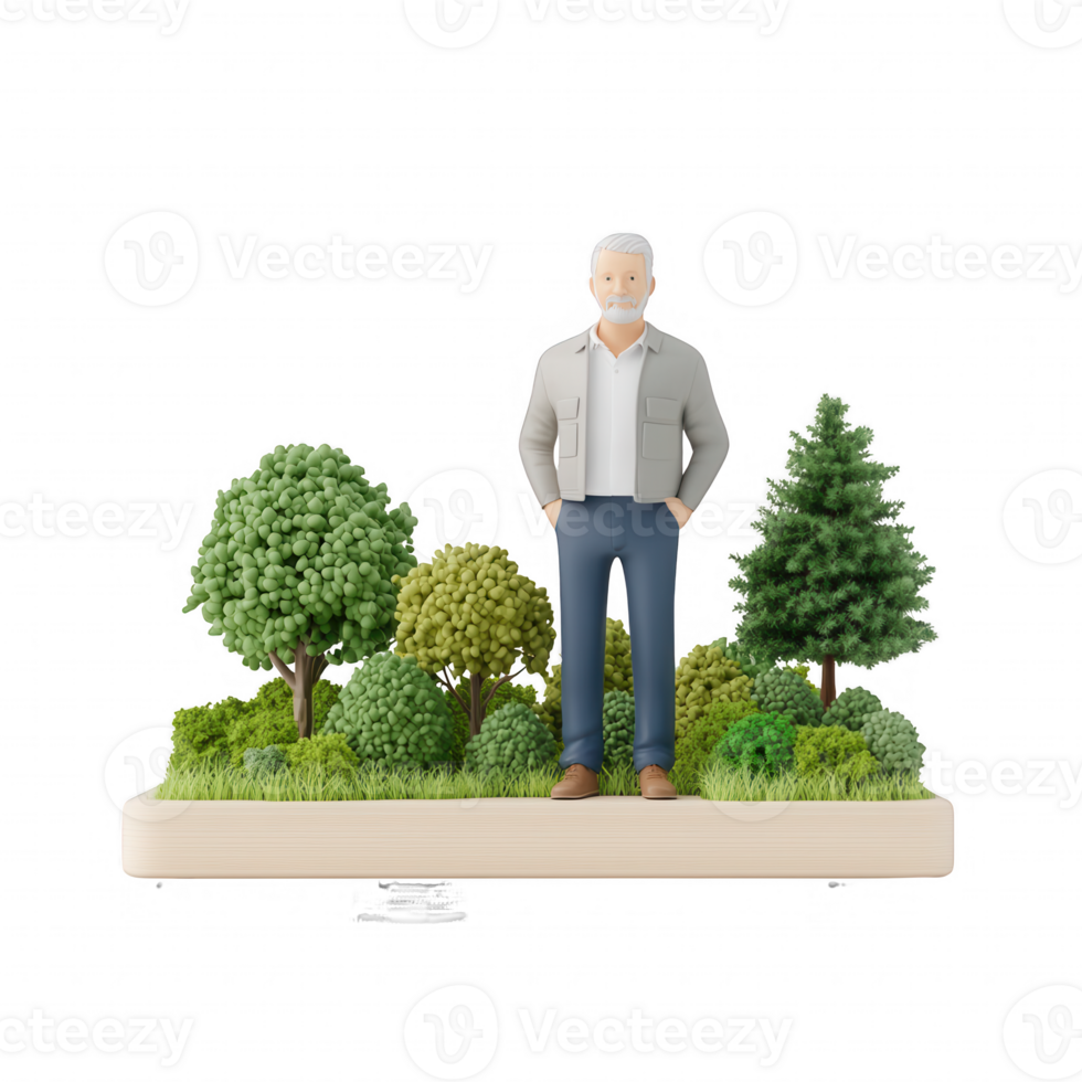 A person standing amidst lush trees, showcasing a connection to nature. png