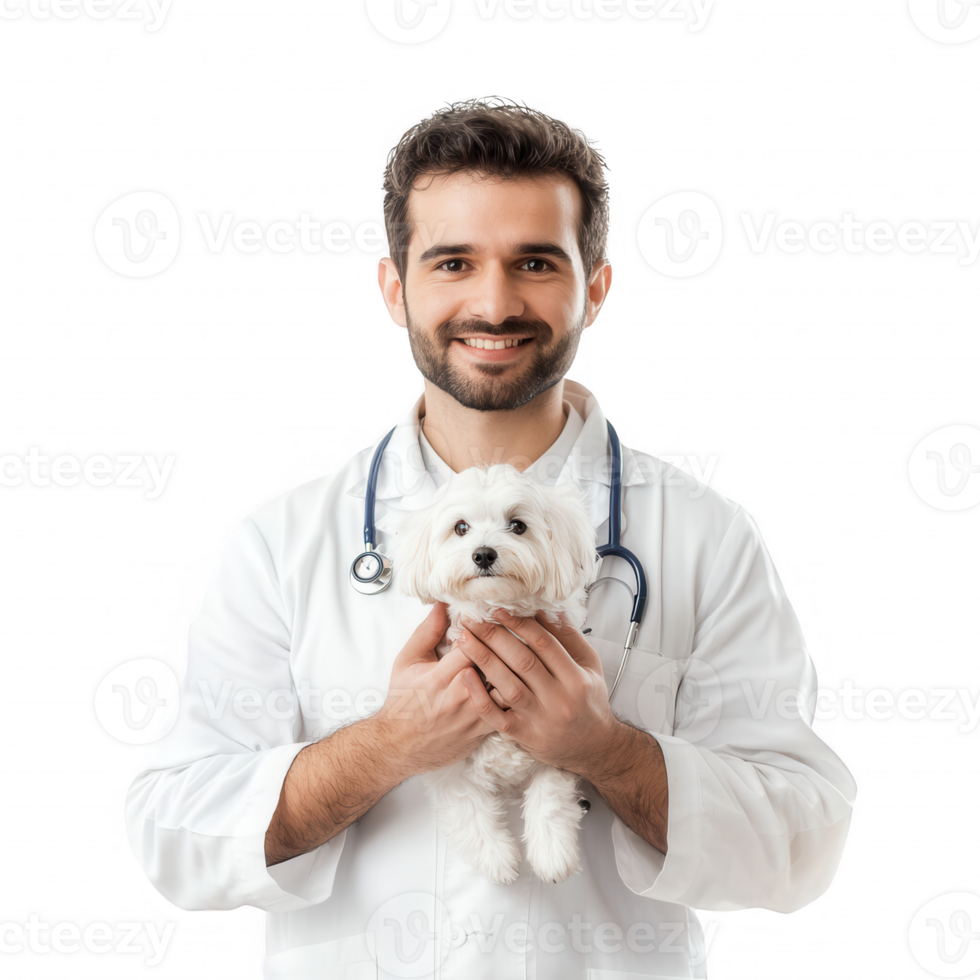 A smiling veterinarian holding a small dog, showcasing compassion and care in practice. png