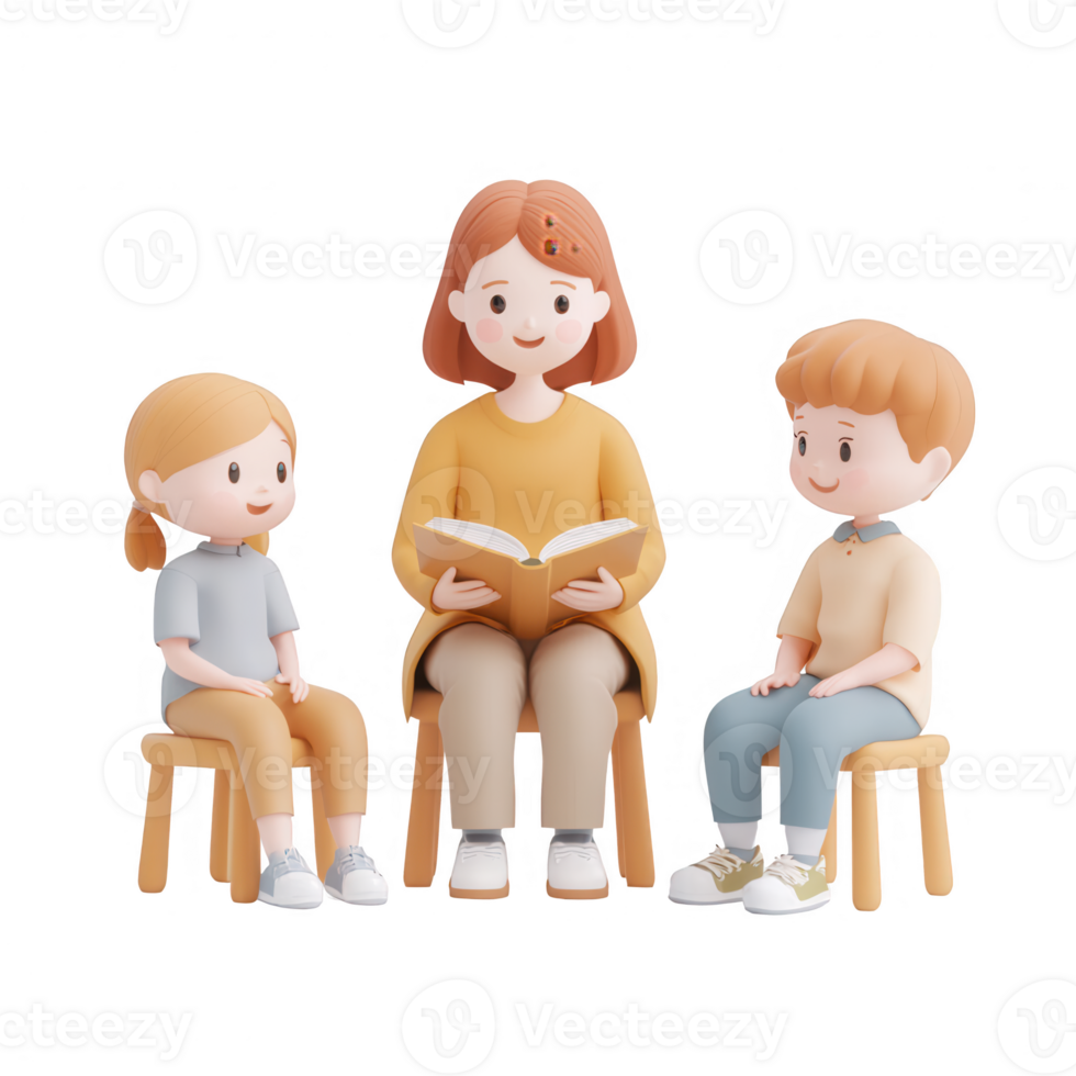 A caregiver reading a story to two attentive children in a cozy setting. png
