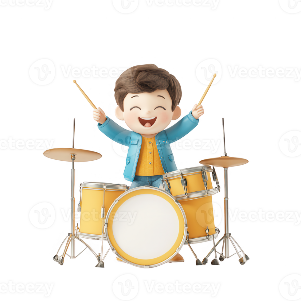 A cheerful child happily playing drums, showcasing talent and joy in music. png