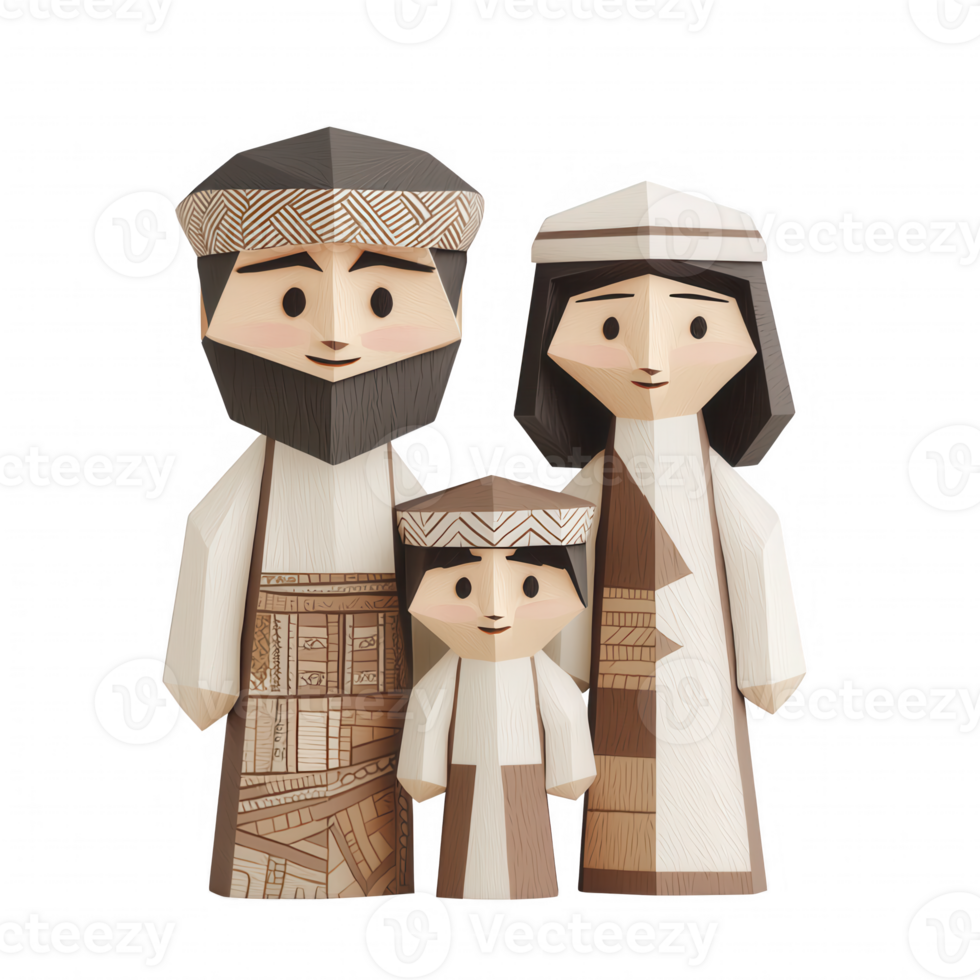 Wooden family figures representing cultural heritage and traditional attire. png