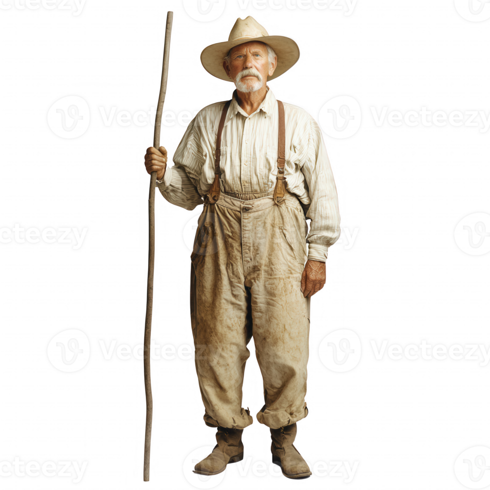 Elderly man in rustic clothing holding a walking stick, symbolizing wisdom and resilience. png