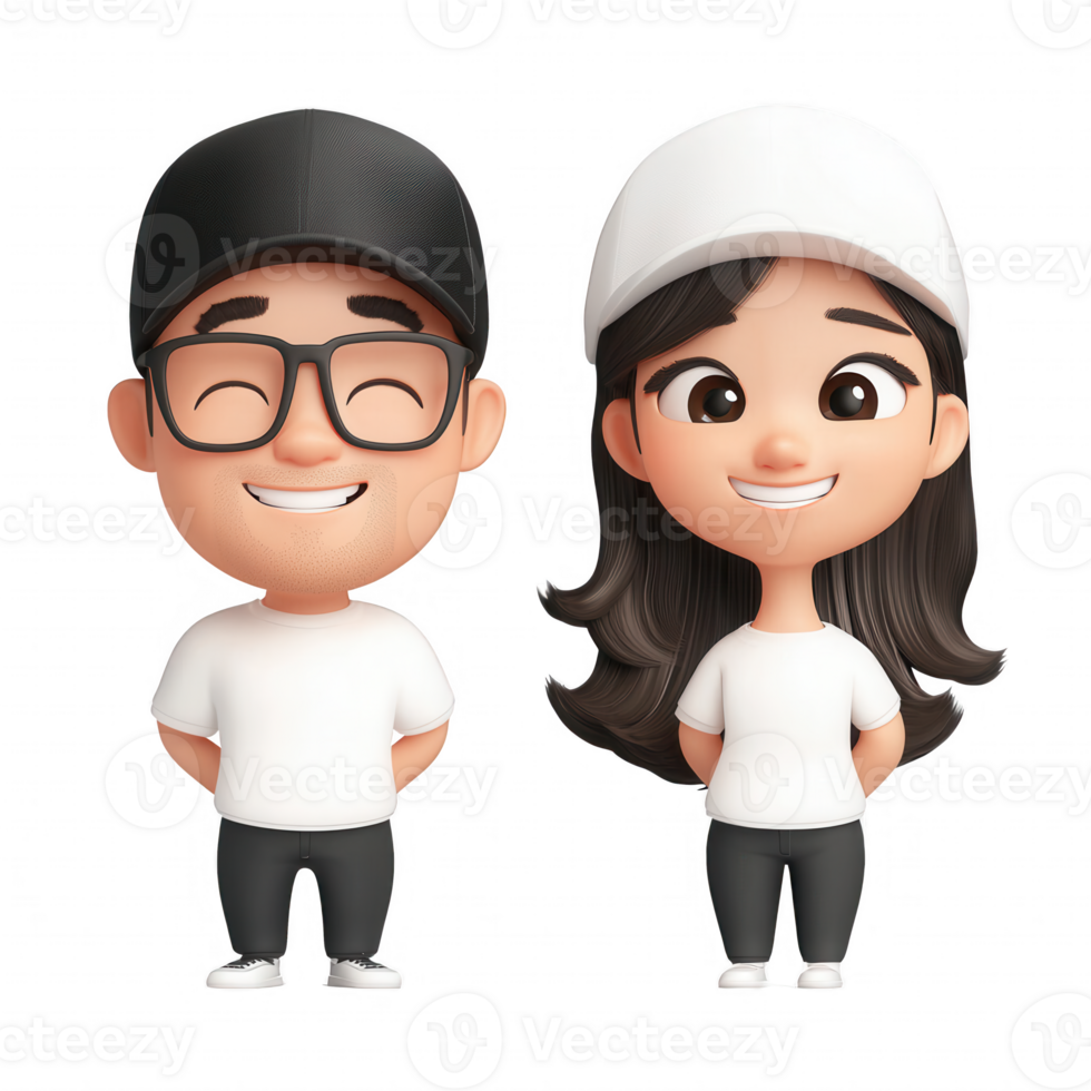 Two cheerful cartoon characters with stylish casual outfits and friendly smiles. png