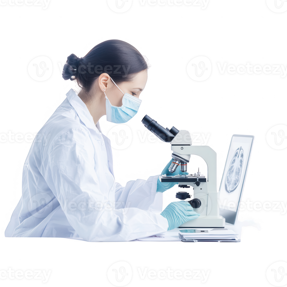 Scientist examining samples under a microscope in a laboratory setting. png