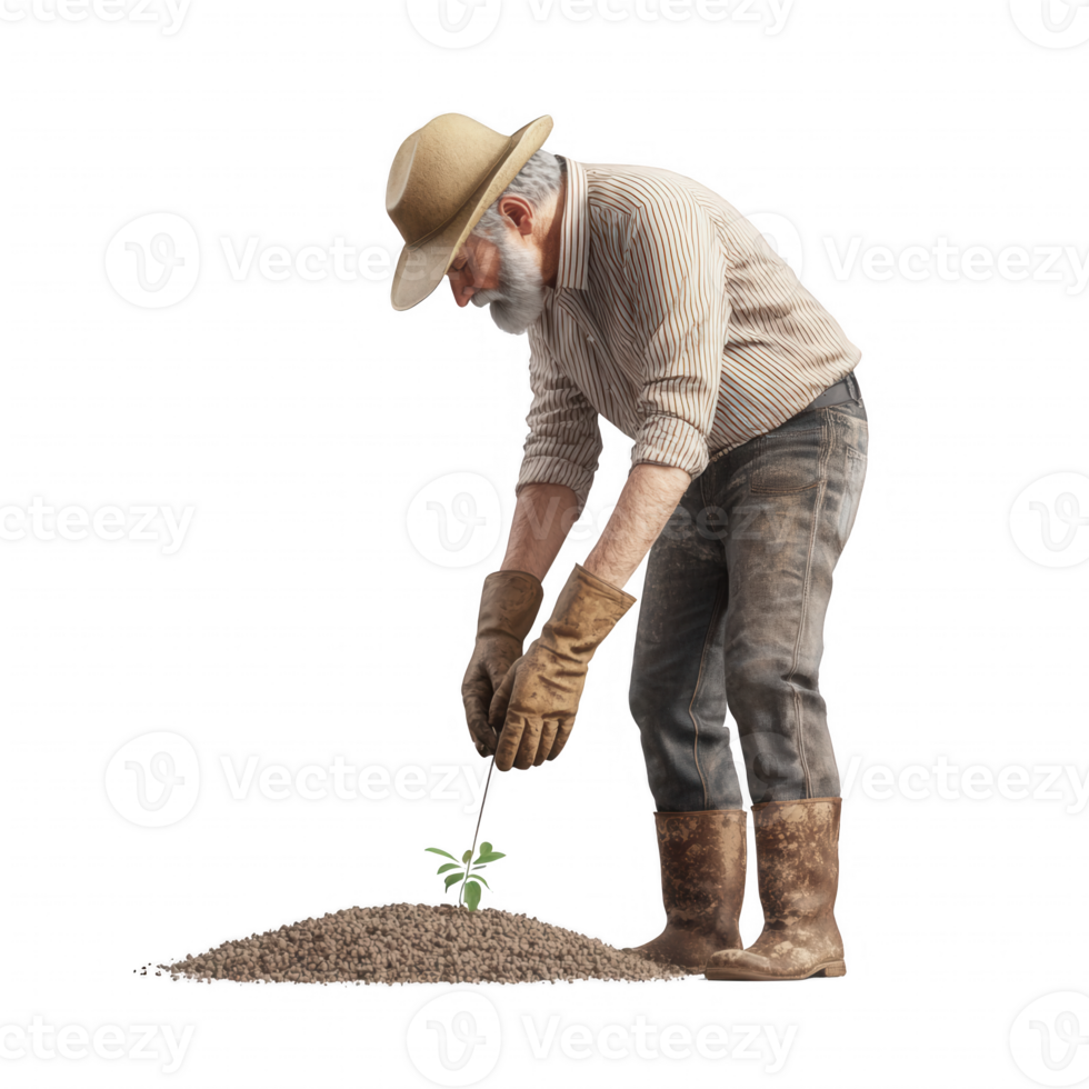 An elderly gardener planting a young seedling in fertile soil with dedication and care. png