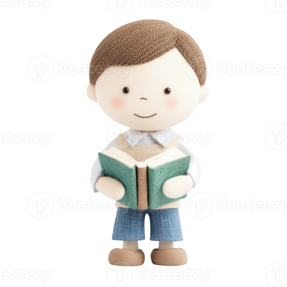 A cute, plush boy character reading a book, embodying a love for learning and imagination. png