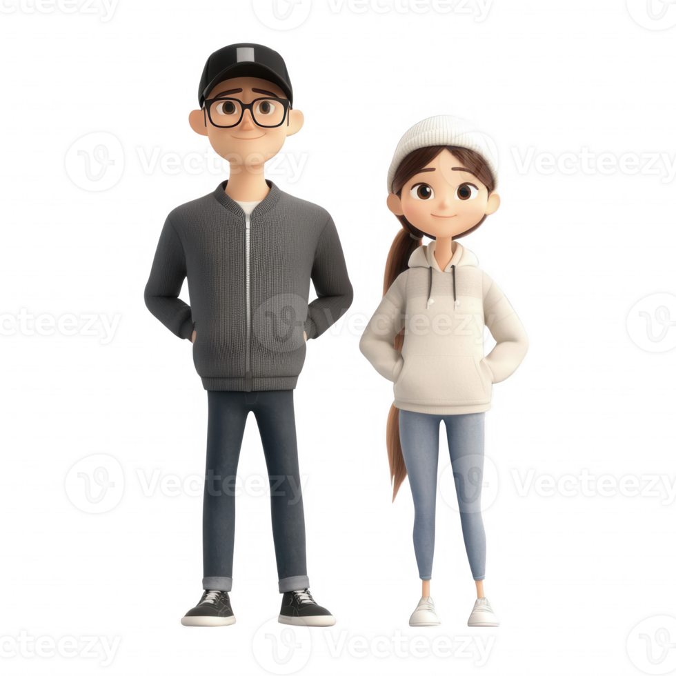 Stylized animated characters of a young couple in casual clothing standing together. png