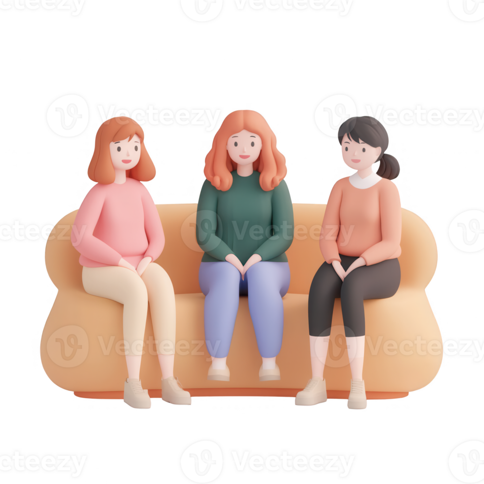 Three friends enjoying a casual conversation on a cozy sofa in a colorful interior. png