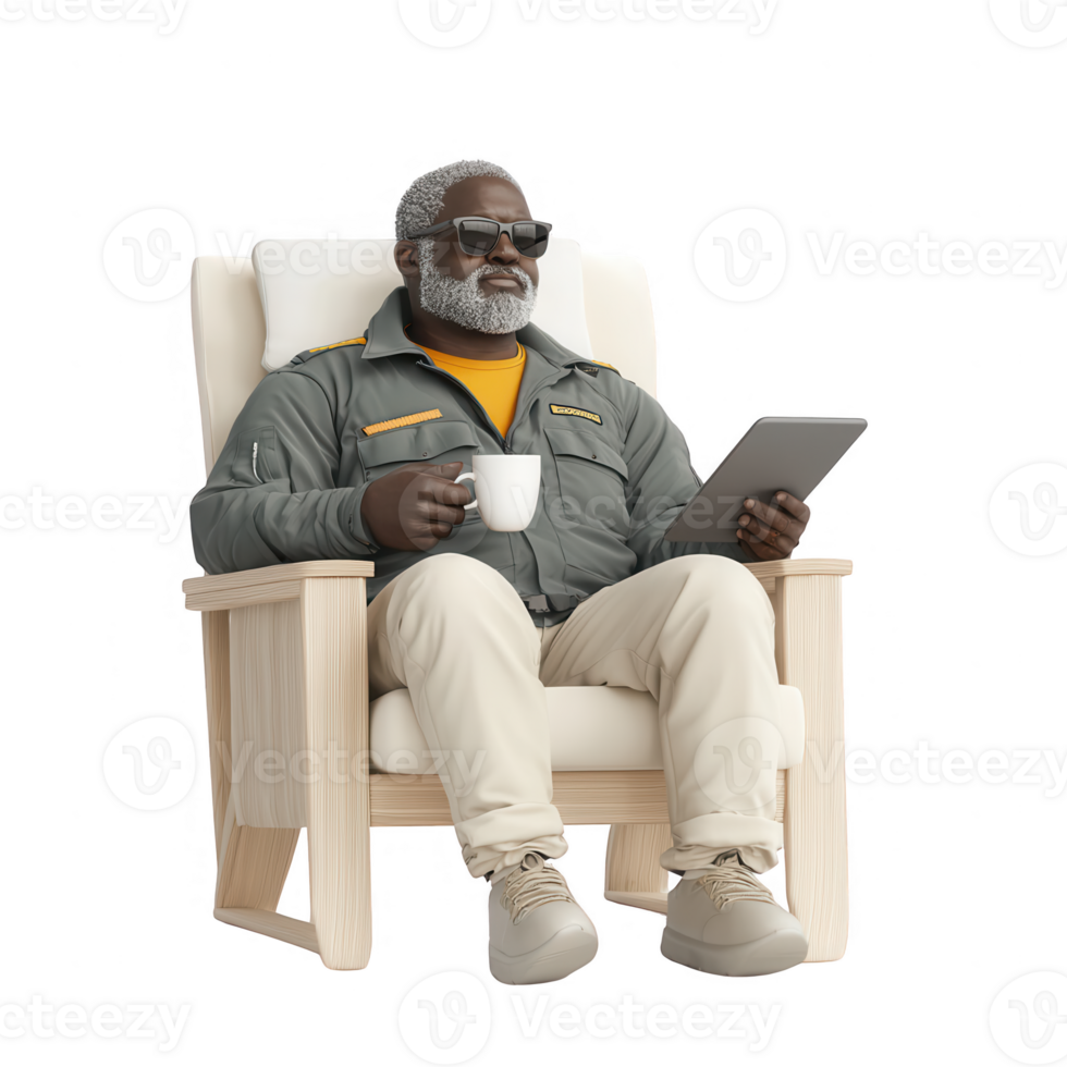 Relaxed elderly man enjoying coffee and tablet in a cozy chair. png