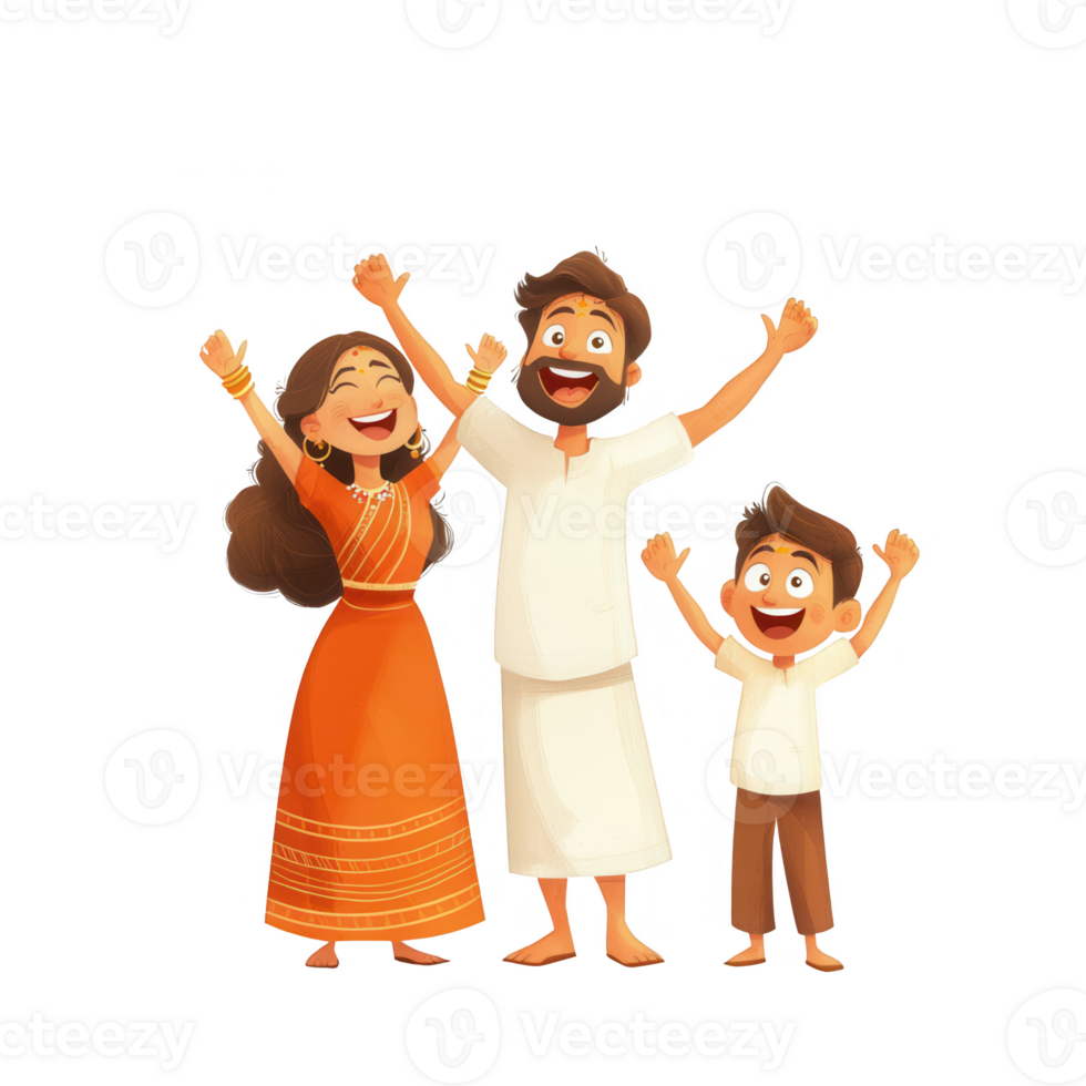 A happy family celebrating together with joy and enthusiasm in vibrant attire. png