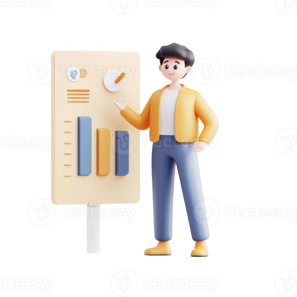 A cheerful character presenting data insights on a colorful chart. png