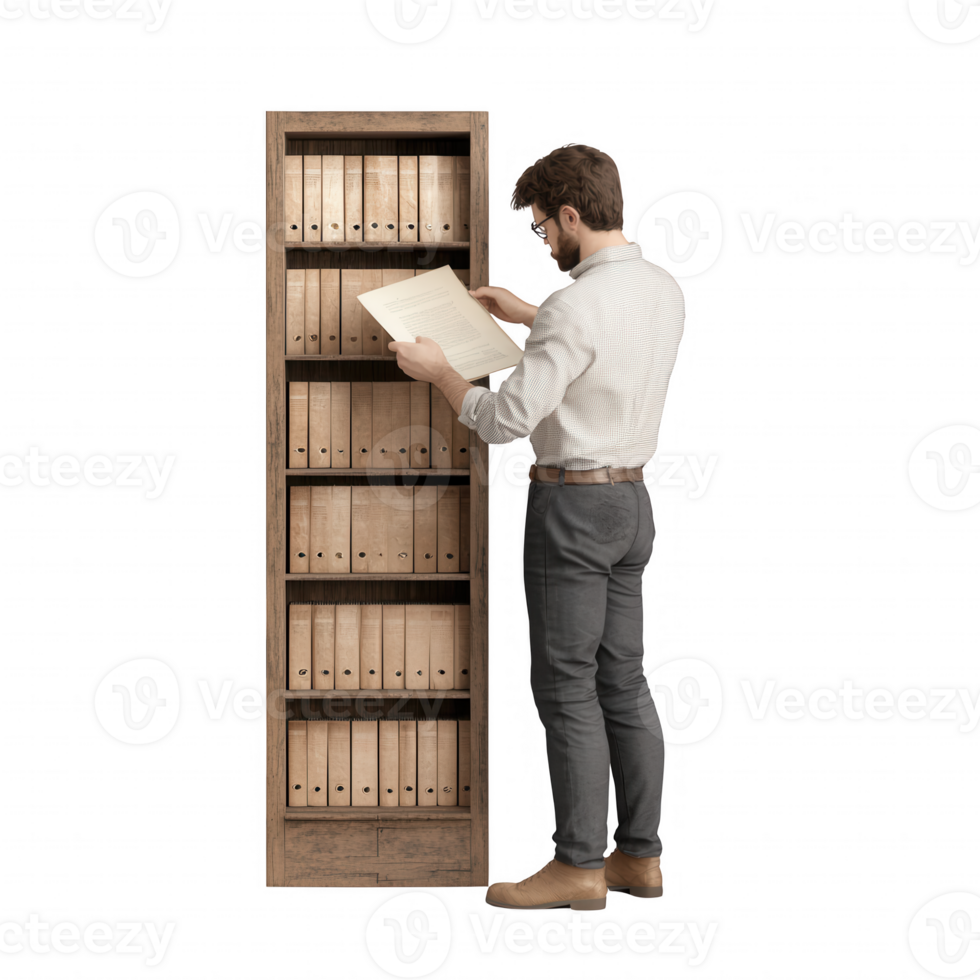 A man organizing files in a wooden bookshelf for efficient data management. png