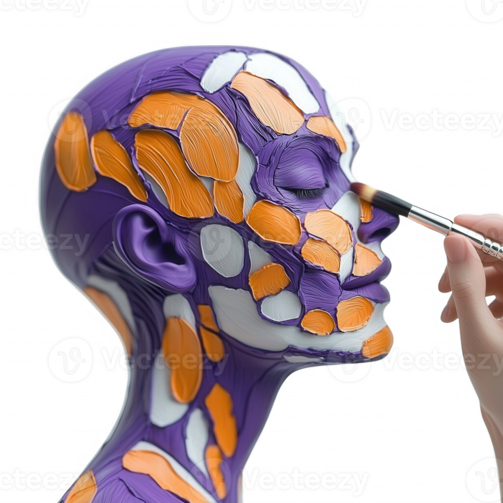A creative skincare routine with vibrant paint on a model's face for artistic expression. png