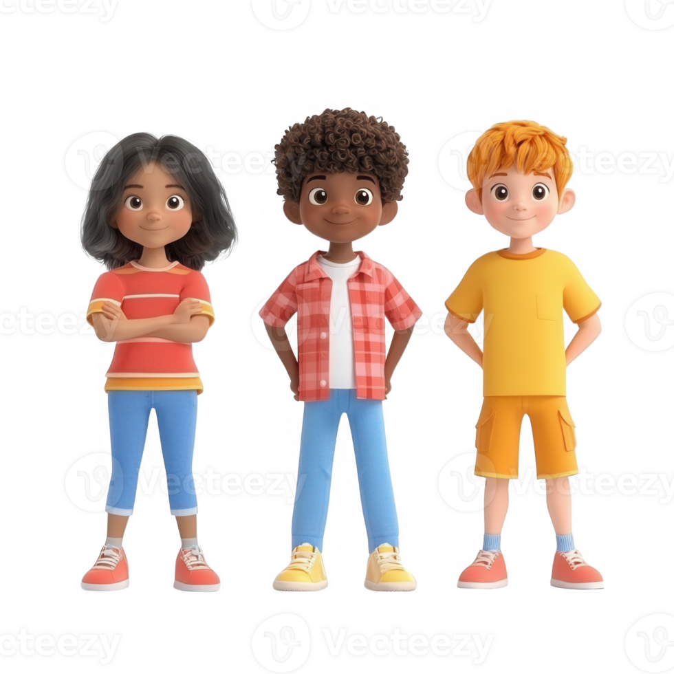 Three animated children standing together, showcasing diversity and friendship. png