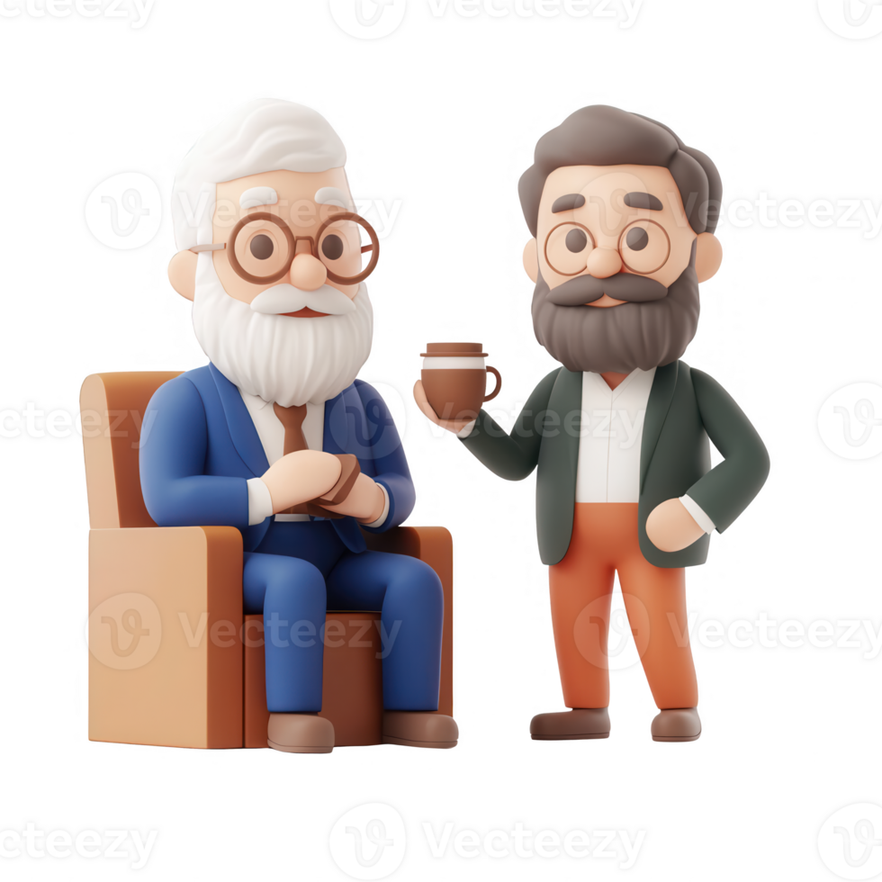 Two cartoon characters enjoying a coffee conversation in a cozy setting. png