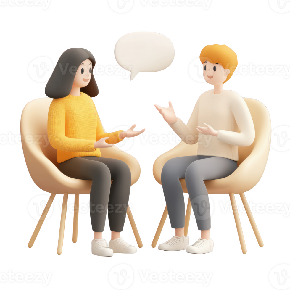 Two people engaging in a lively conversation, expressing ideas in a cozy setting. png
