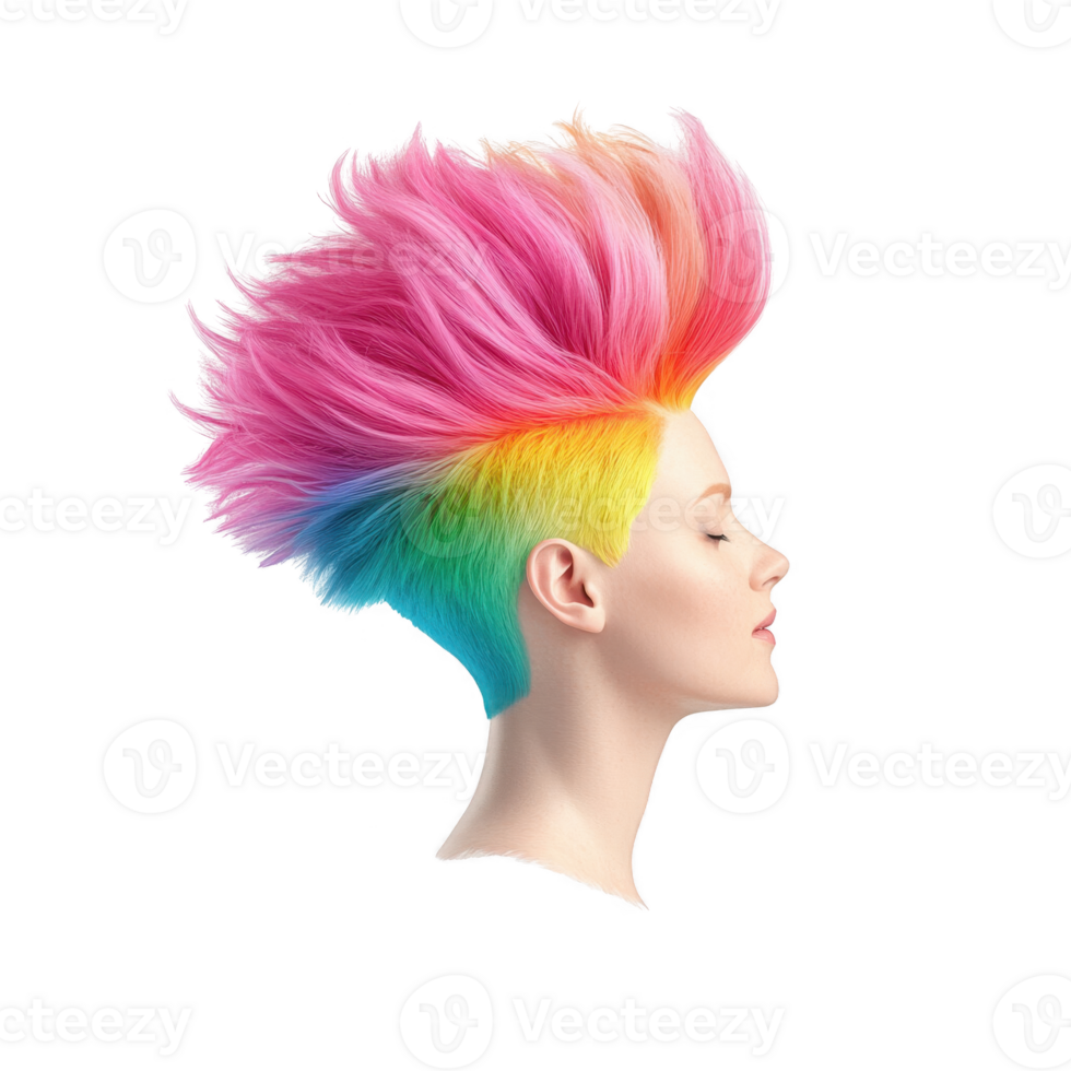 Vibrant rainbow-colored hairstyle showcasing bold self-expression and creativity. png