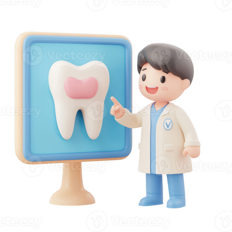 A cheerful dentist character teaching about dental health and hygiene. png