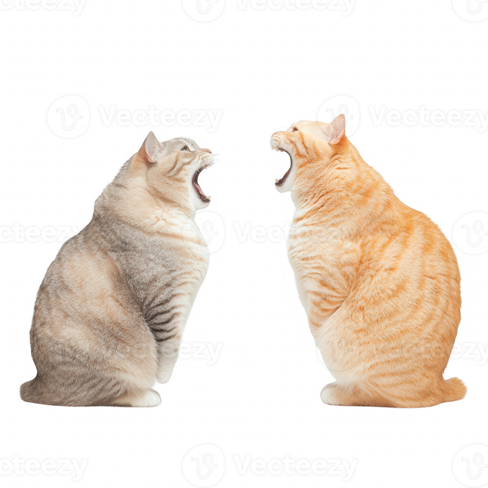 Two playful cats meowing at each other, showcasing their distinct colors and expressions. png