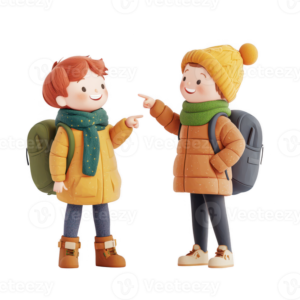 Two cheerful children engaging in a playful conversation outdoors. png