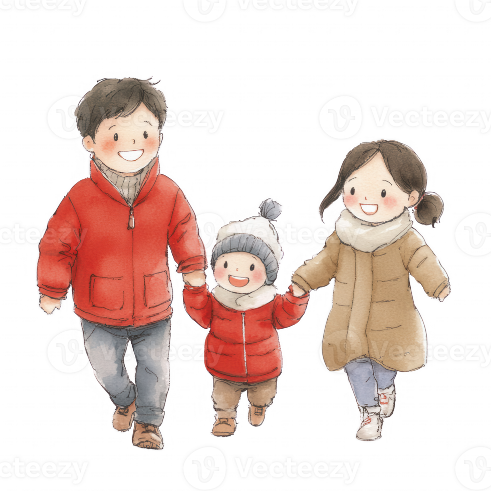 A cheerful family walking together in winter attire, enjoying a snowy day outdoors. png