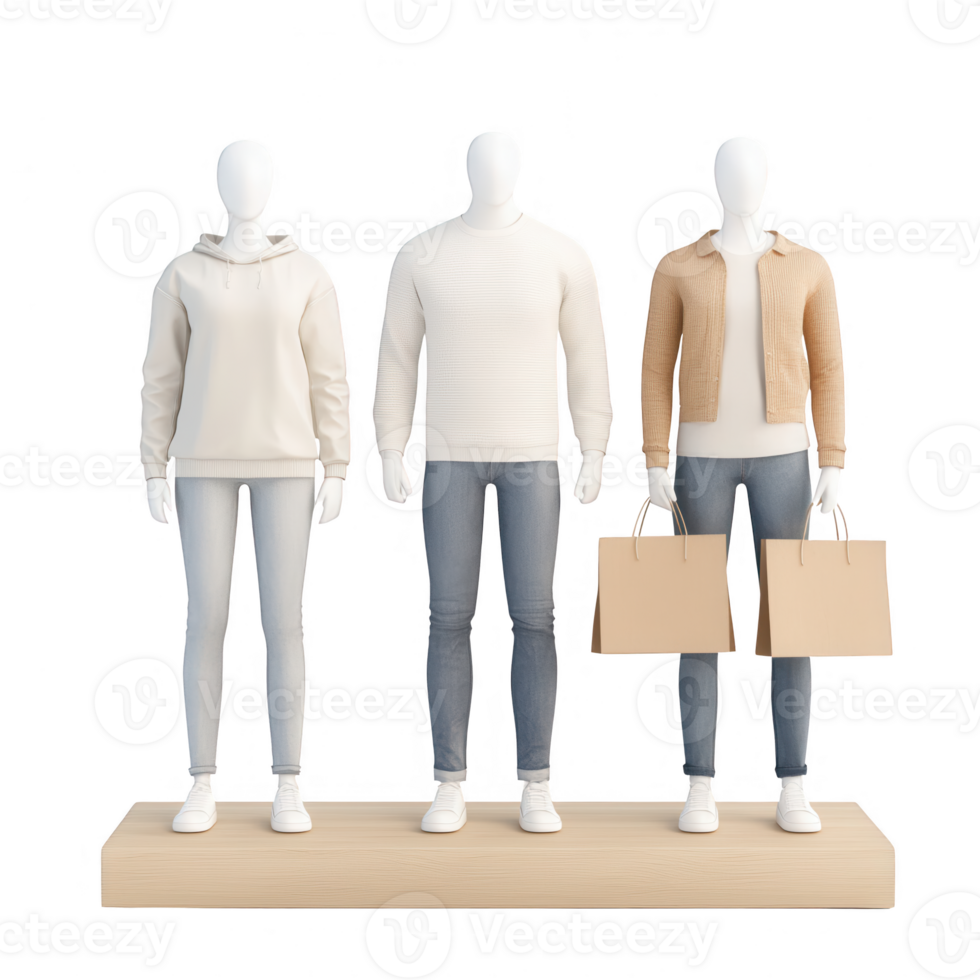 Three stylish mannequins display modern clothing and shopping bags in a trendy setting. png