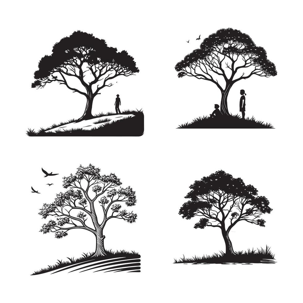Silhouette elegant trees icon set for creative project. Retro Vintage T Shirt Design Bundle. vector