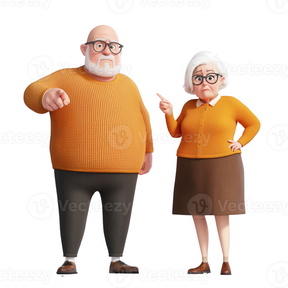Two expressive elderly characters wearing orange clothing, showcasing unique personalities. png