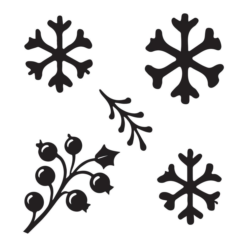 Winter Botanical Silhouette Elements Snowflakes Illustration vector