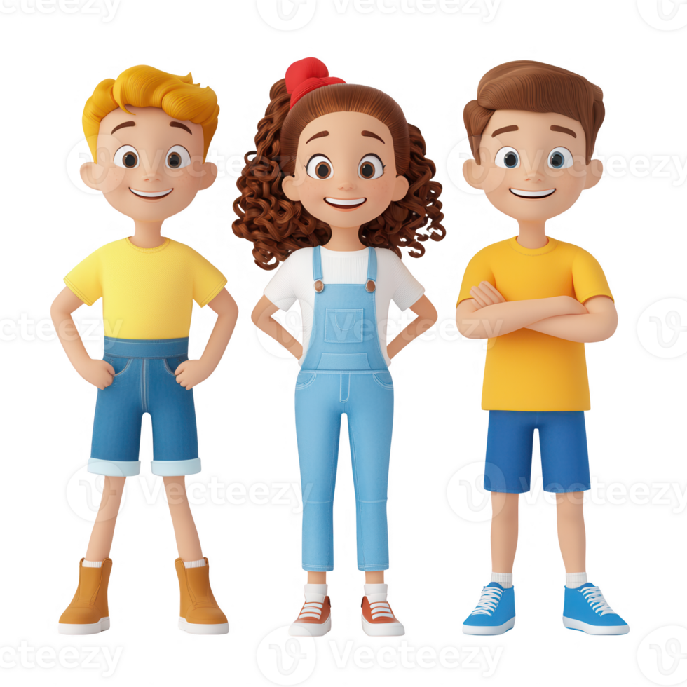 Three cheerful kids smiling together in colorful outfits and friendly poses. png
